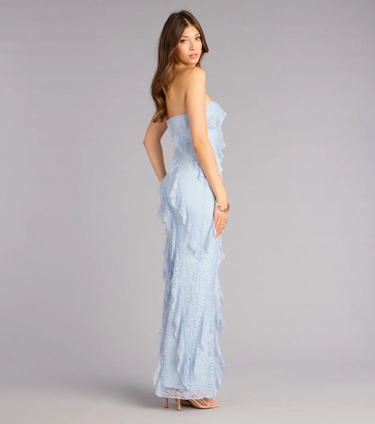 Ellie Ruffled Lace High Slit Formal Dress