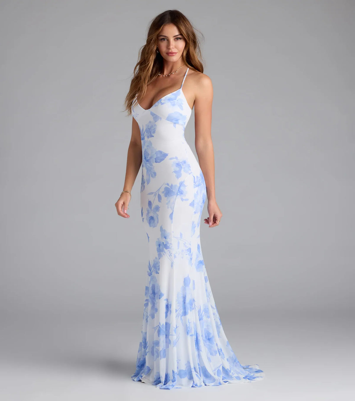 Pascha Strappy Open Back Mermaid Floral Formal Dress