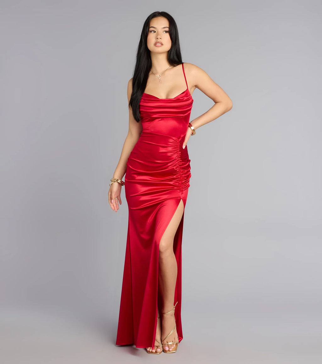 Jazmine Cowl Neck Slit A-Line Satin Formal Dress