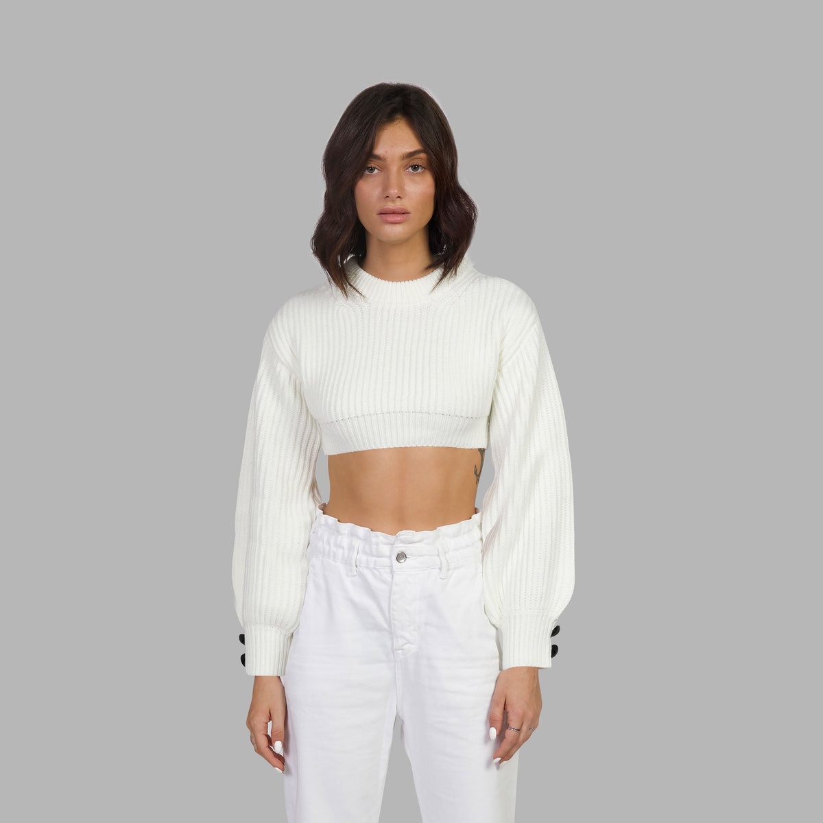 Whte Cropped Cotton Sweater