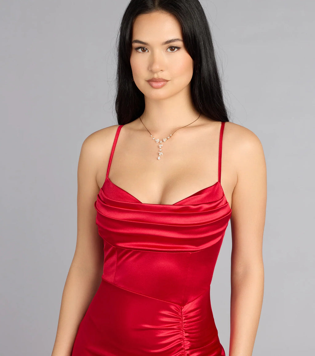 Jazmine Cowl Neck Slit A-Line Satin Formal Dress