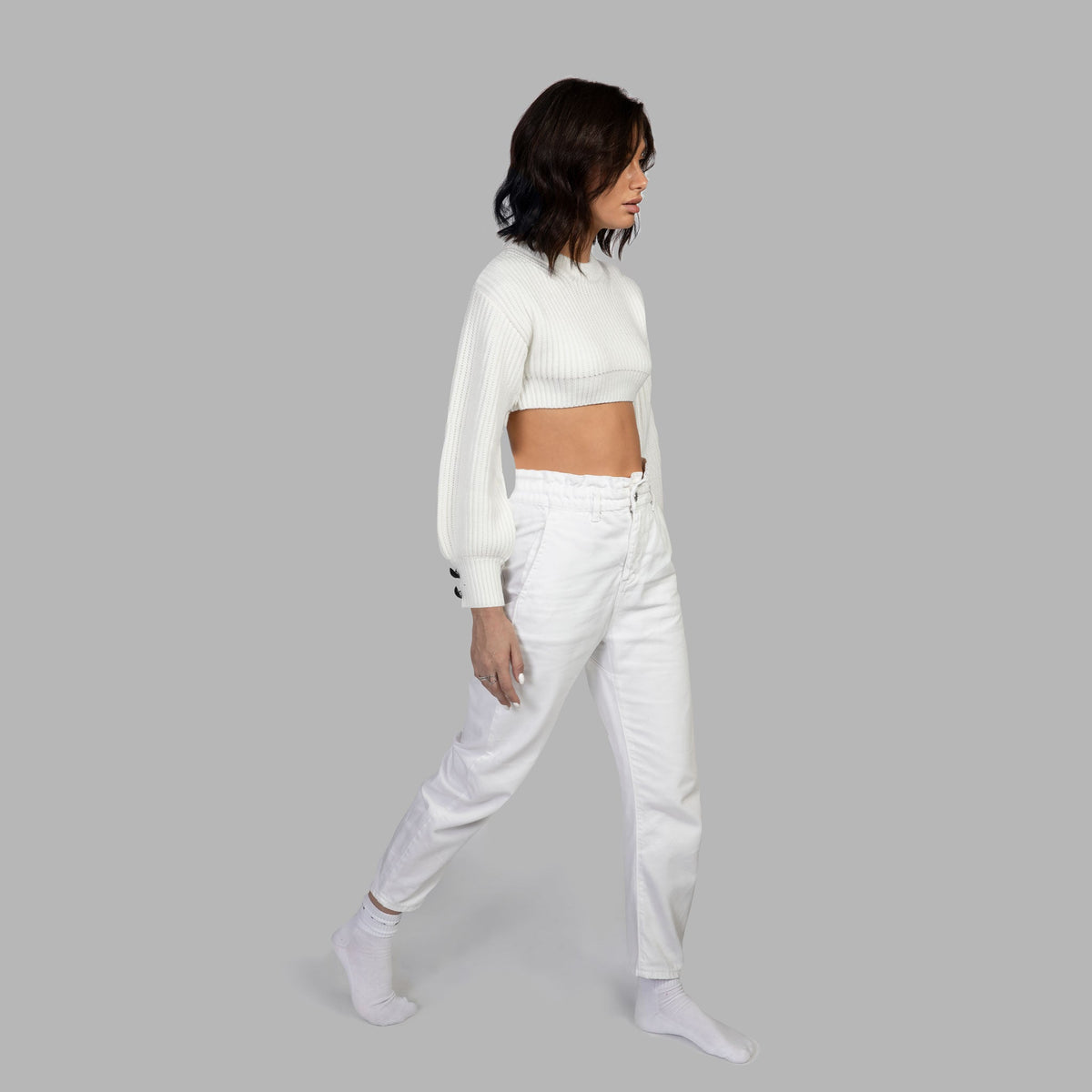 Whte Cropped Cotton Sweater