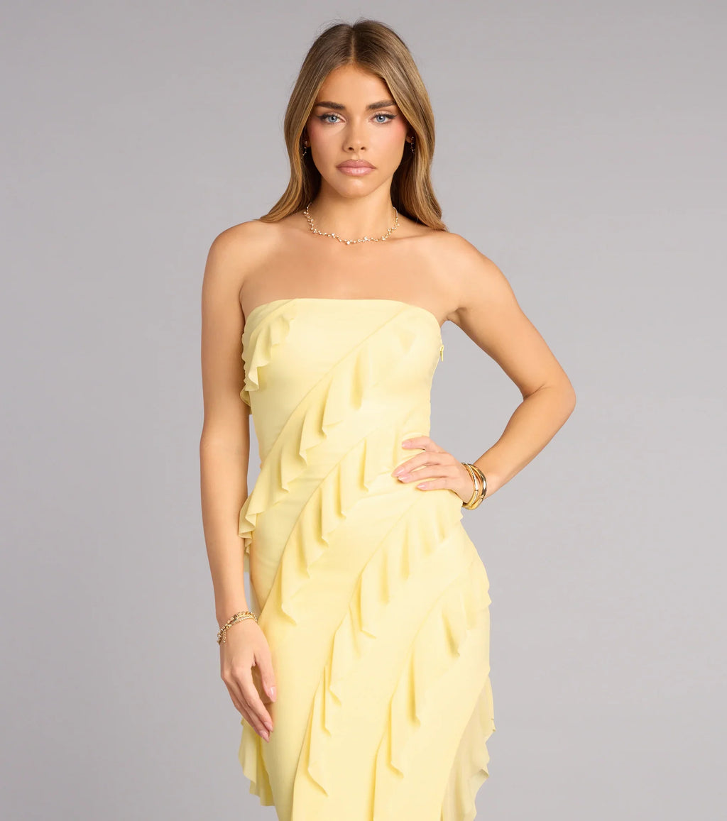 Gabby Formal Mesh Strapless Ruffle Long Dress