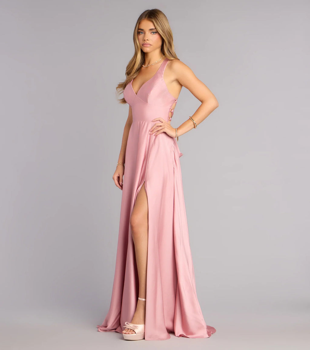 Abbey Lace-Up Slit A-Line Satin Formal Dress