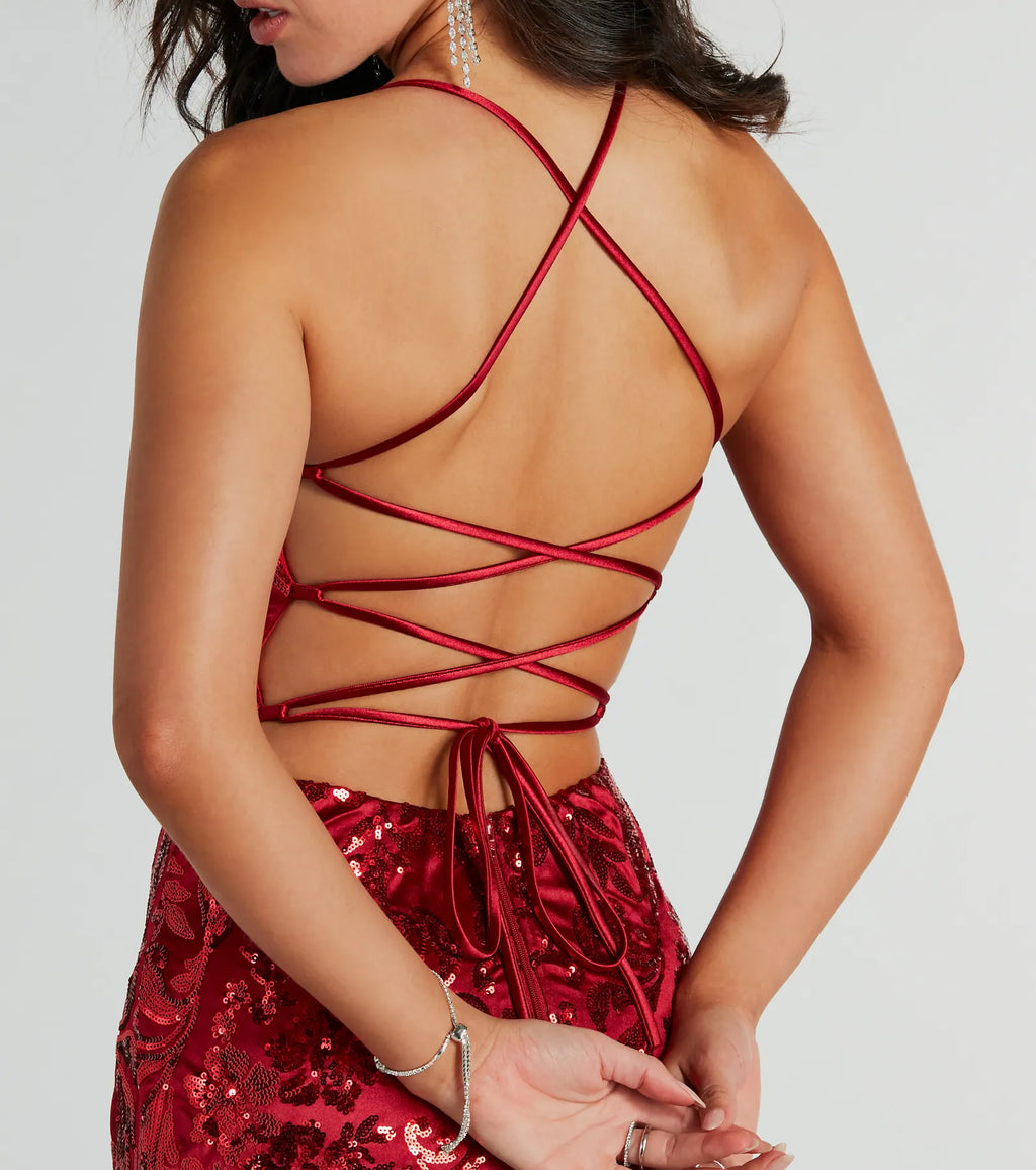 Marisol Lace-Up Column Sequin Satin Formal Dress