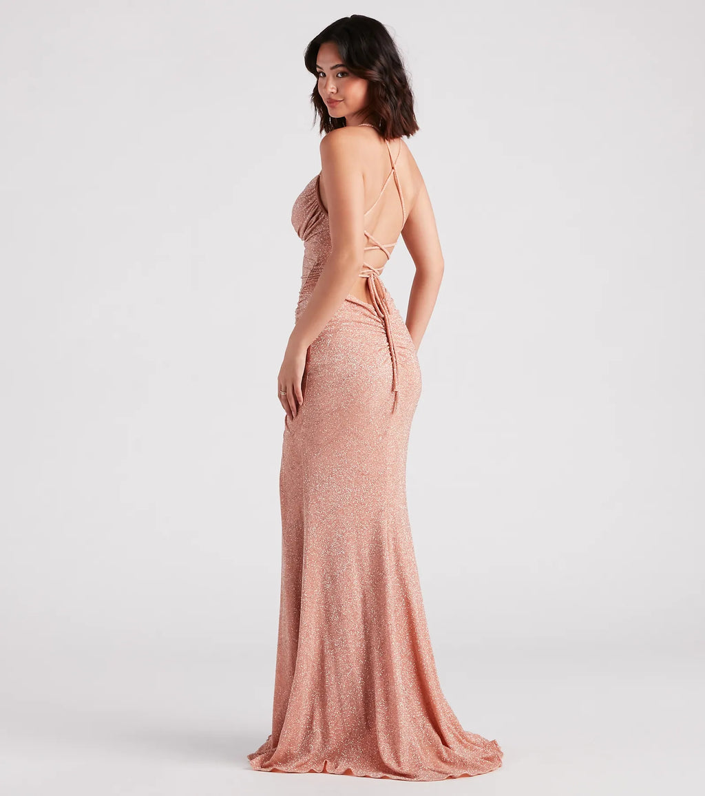 Rosalyn Ruched Glitter Knit High Slit Formal Dress