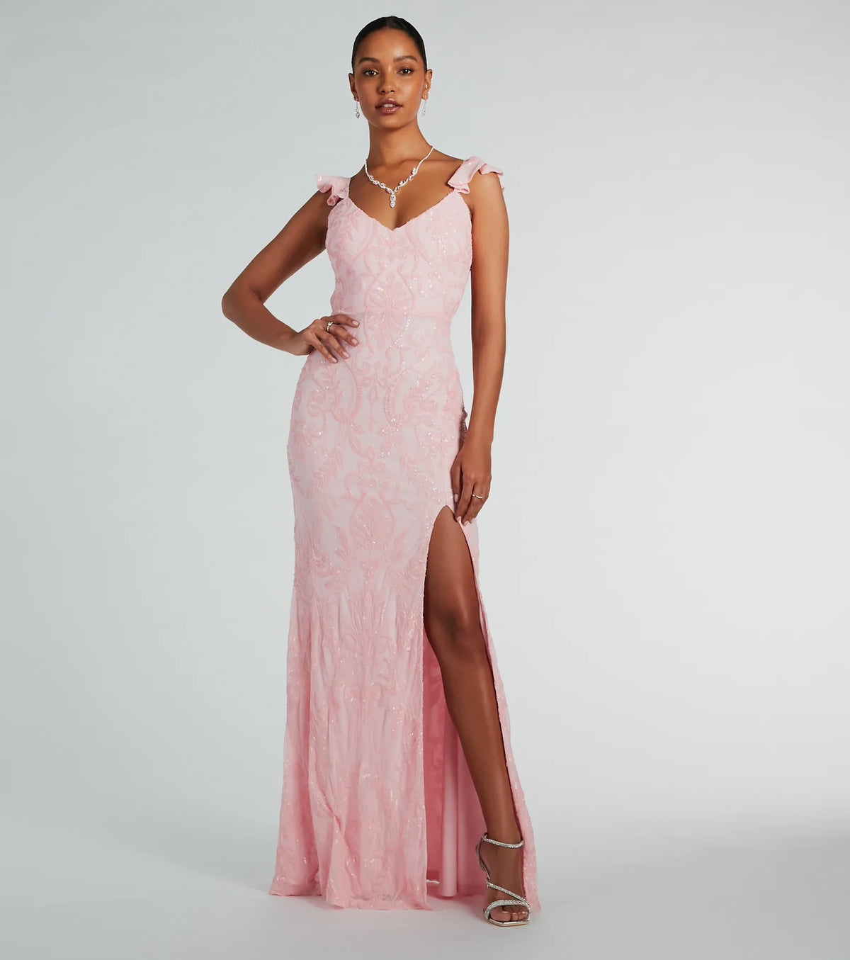 Estella V-Neck Column Long Sequin Formal Dress
