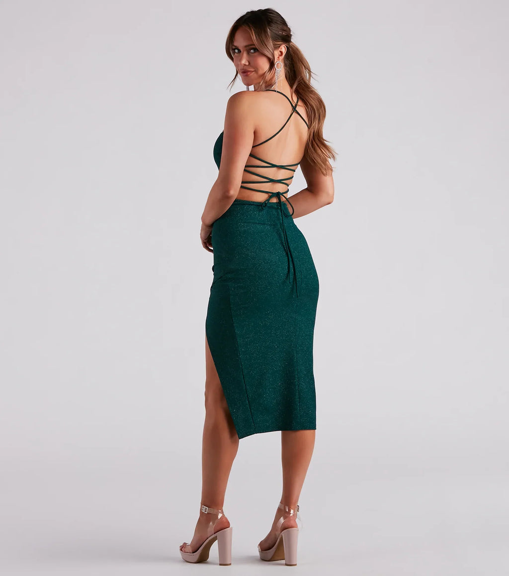 Keep It Sparkling Glitter Lace-Up Midi Dress