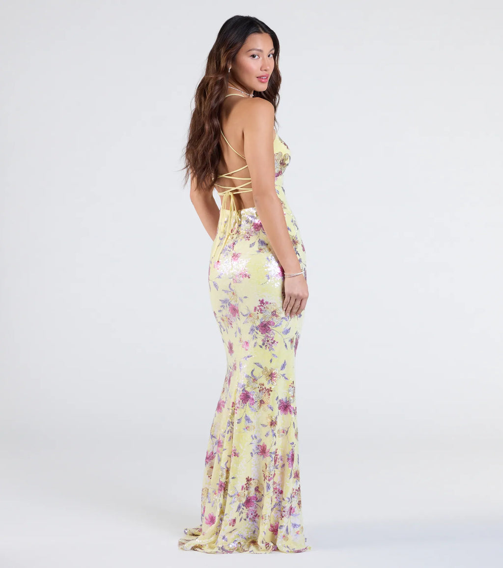 Sierra Lace-Up Floral Sequin Formal Dress