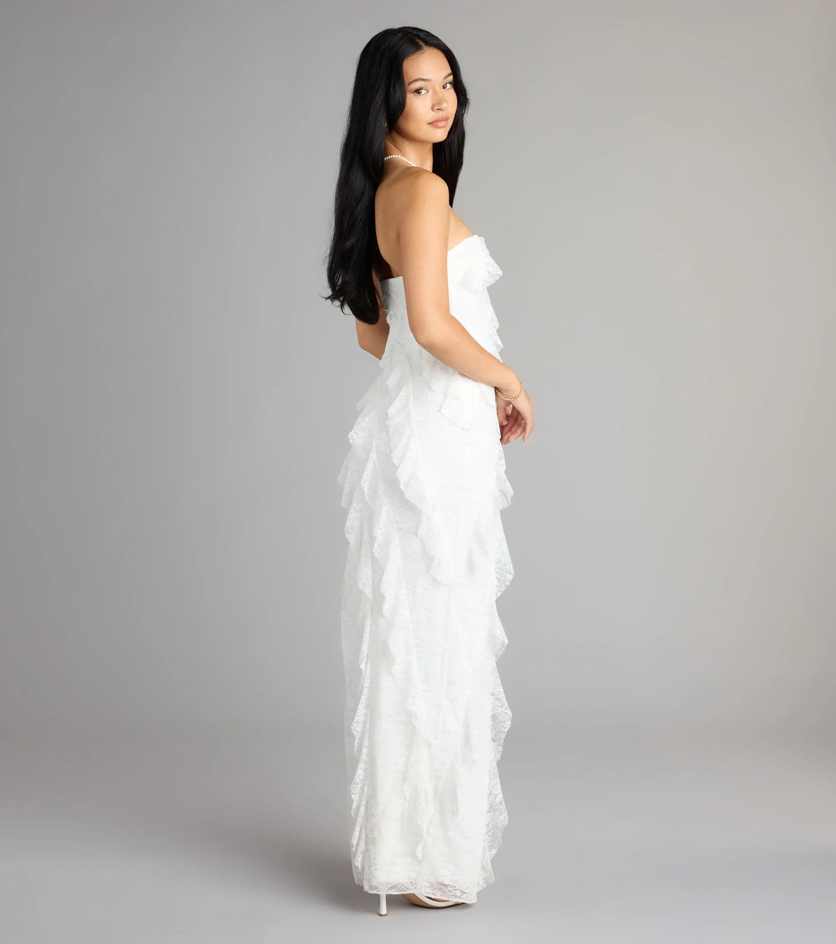 Ellie Ruffled Lace High Slit Formal Dress