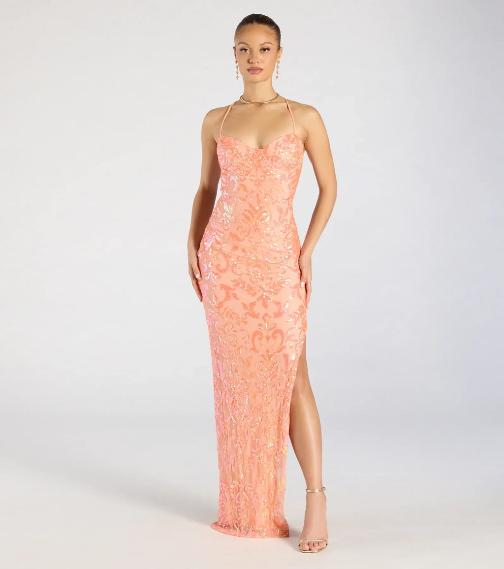 Zadie Lace-Up High Slit Sequin Formal Dress