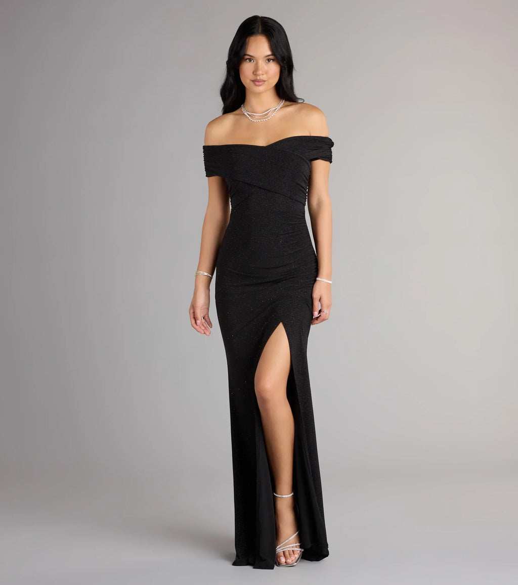 Giada Glitter Knit Off-the-Shoulder Column Dress