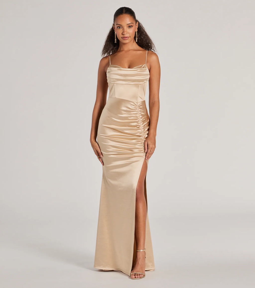 Jazmine Cowl Neck Slit A-Line Satin Formal Dress