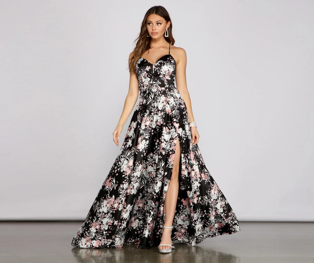 Eleanor Formal High Slit Floral Satin Dress