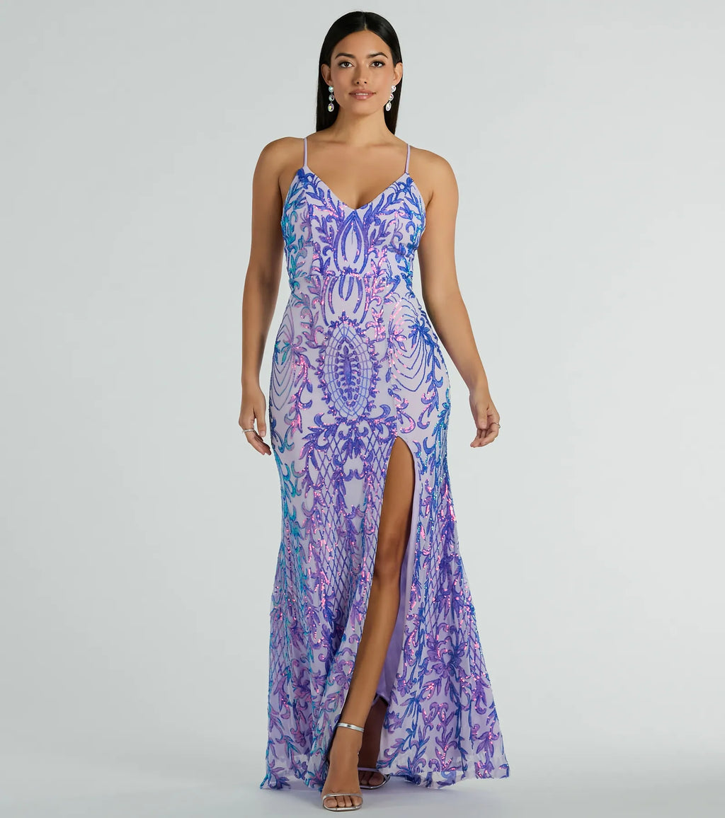 Catherine V-Neck Slit Mermaid Sequin Formal Dress