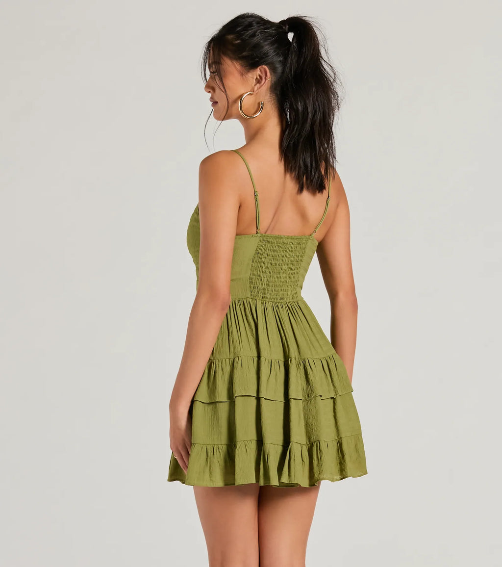 Charming Allure Tie-Front Ruffled Skater Dress