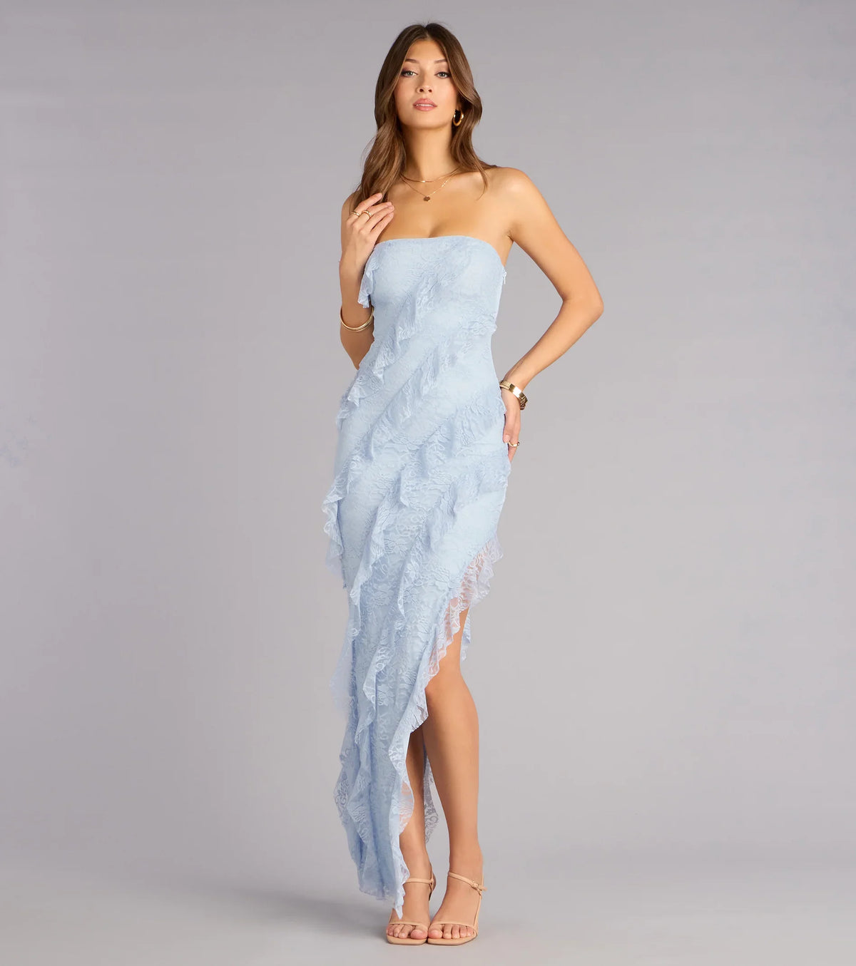 Ellie Ruffled Lace High Slit Formal Dress