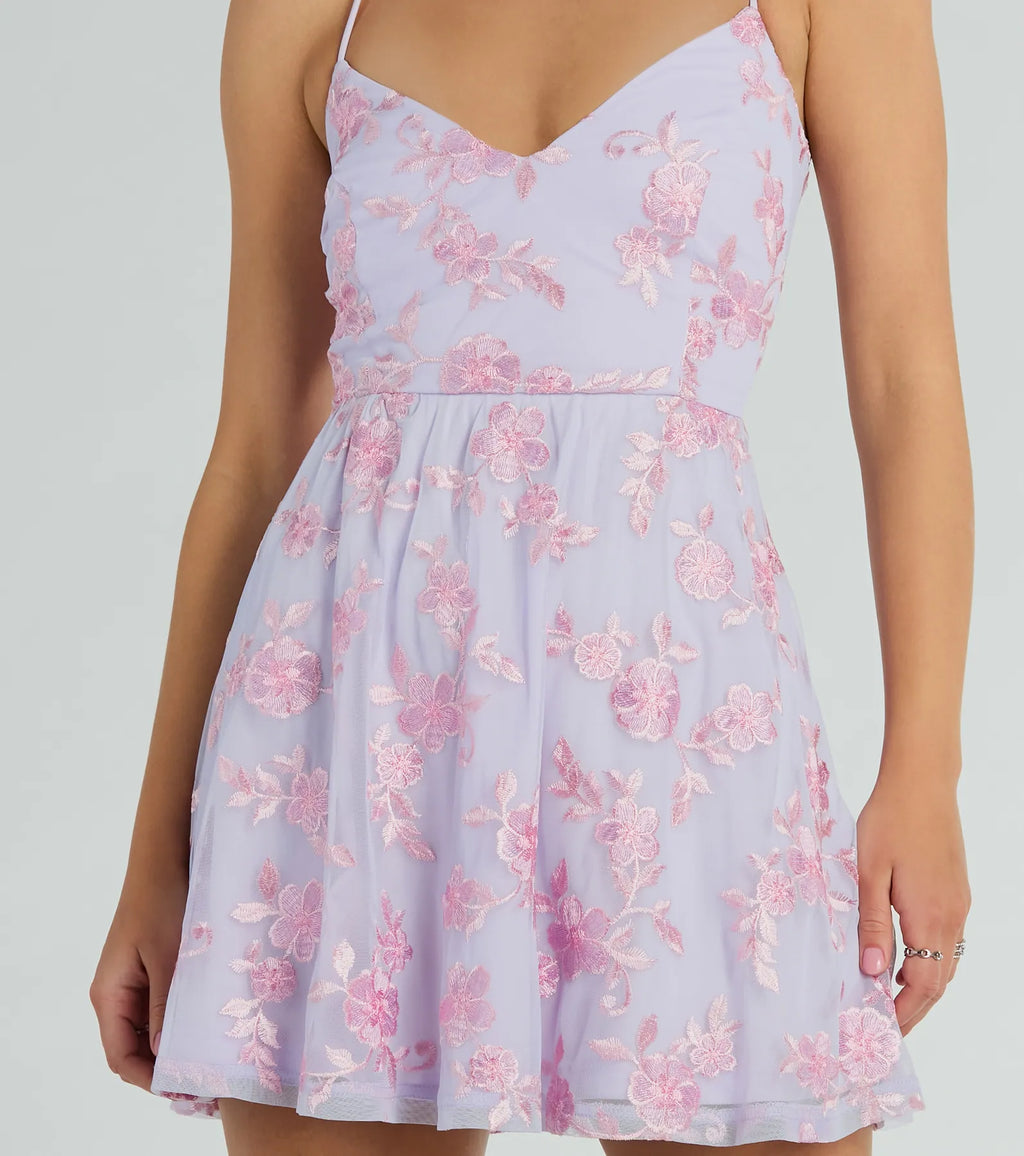 Floral Retreat Lace Up Embroidered Skater Dress