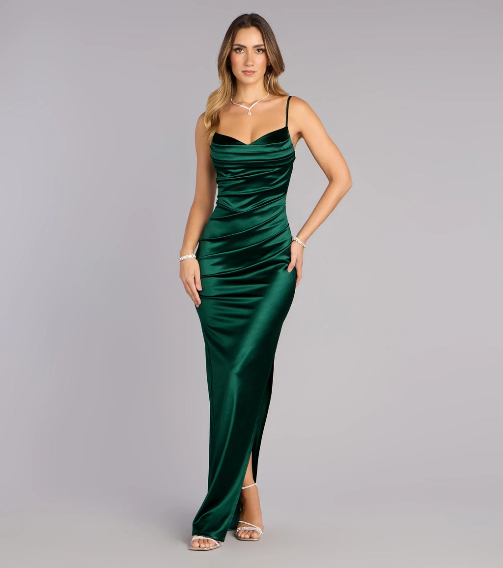 Jane Cowl Neck Slit Satin Formal Column Dress