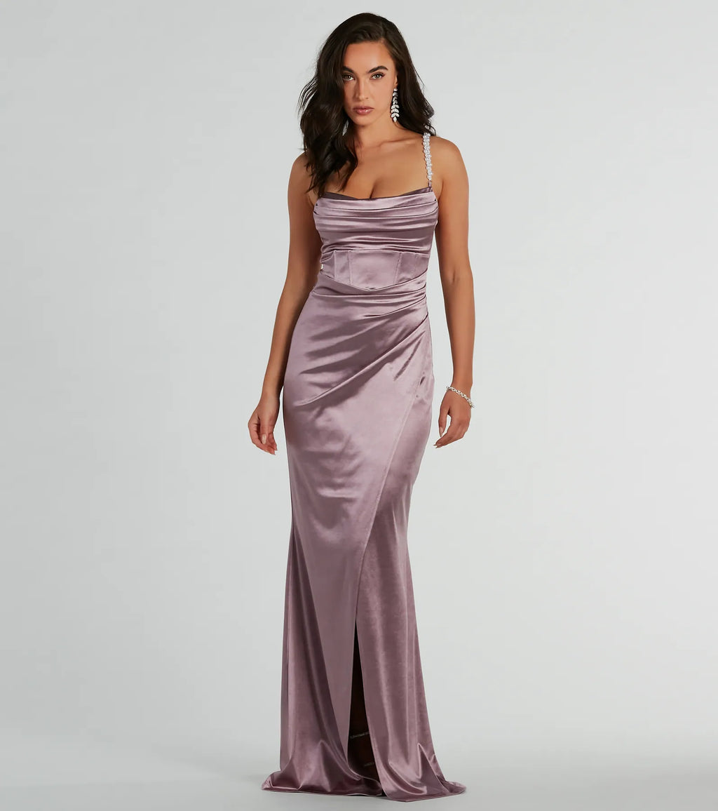 Sam Faux Pearl Strap Mermaid Satin Formal Dress