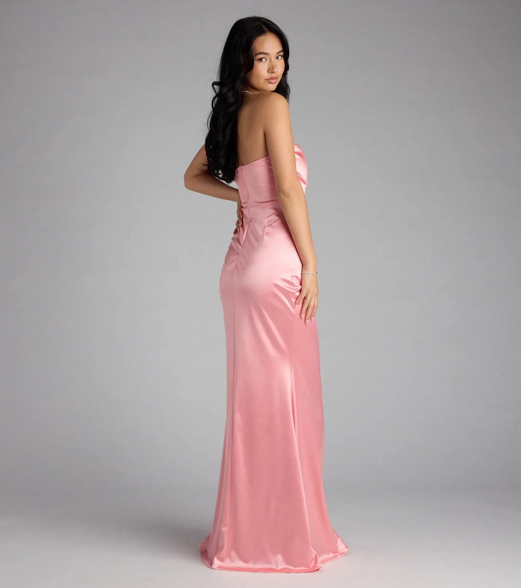 Olive Strapless Slit Mermaid Satin Formal Dress